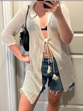 Urban Outfitters Cream Open-Knit Tie-Front Cardigan